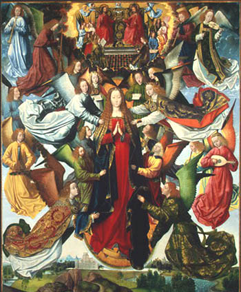 A painting of Our Lady surrounded by Angels before the Throne of God